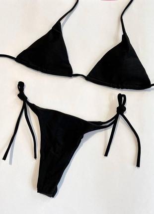 Женский раздельный купальник бикини на завязках со стрингами  черный s м4 фото