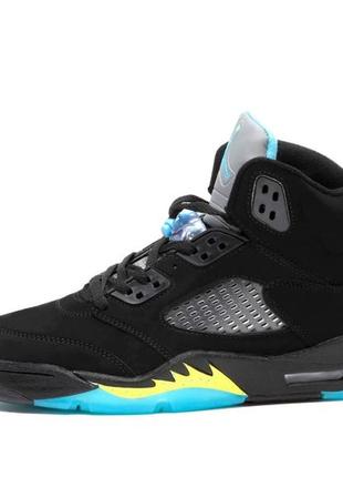 Кроссовки мужские air jordan 5 retro aqua, черные с синим / желтым, аир джордан ретро