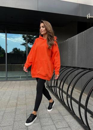 Худи женское оверсайз на флисе оранжевое однотонное с капишоном с карманом свободного кроя стильное теплое3 фото