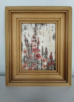 Картина красные маки на березовой коре в древесной раме 16х17х 2,5 см