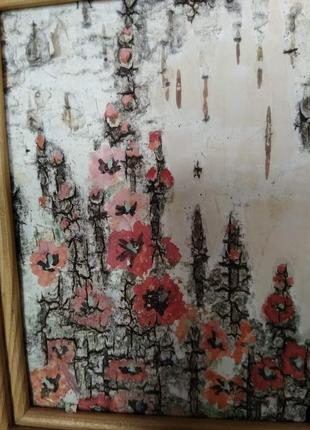Картина красные маки на березовой коре в древесной раме 16х17х 2,5 см