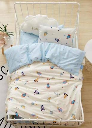 Комплект постельного белья в кроватку 120х150 белый с голубым no brand