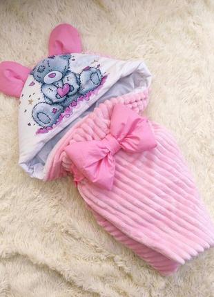 Летний плюшевый конверт для новорожденных девочек, розовый, принт медвежонок