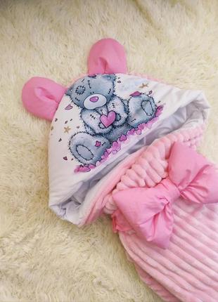 Летний плюшевый конверт для новорожденных девочек, розовый, принт медвежонок2 фото