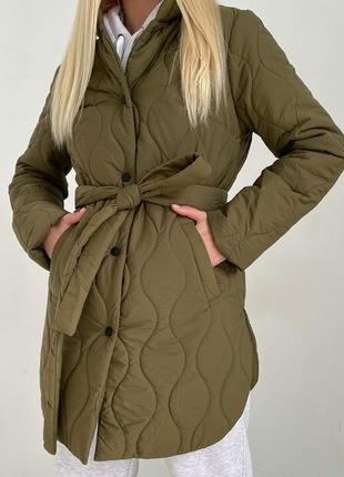 Куртка женская деми с поясом длинная без капюшона, цвета хаки3 фото