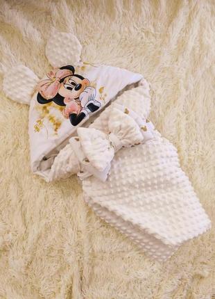 Летний плюшевый конверт для новорожденных девочек, молочный, принт минни1 фото
