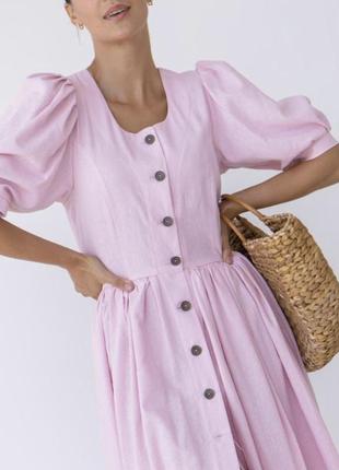Плаття романтик рожеве в баварському стилі льон лляне романтичне літнє плаття на ґудзиках об'ємний рукав