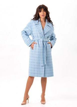 Пальто жіноче середньої довжини міді демісезонне весняне осіннє ділове дизайнерське бренд блакитне2 фото