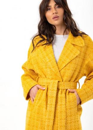 Пальто женское средней длины миди шерстяное демисезонное весеннее осеннее деловое дизайнерское бренд желтое2 фото