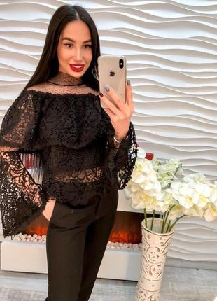 Нереально красивая нежная блуза, гипюр и набивной шифон, 42-44, черный цвет