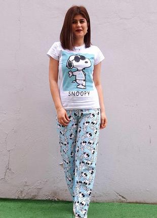 Якісна турецька жіноча піжама з брюками, принт собака snoopy4 фото