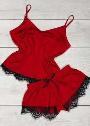 Шовкова піжама з мереживом. майка топ та шорти з мереживом