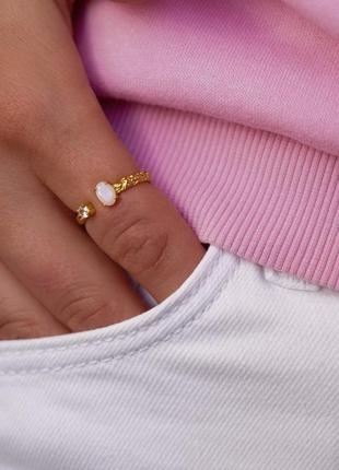 Серебряное s 925 кольцо позолоченное золотом au 585 с лунным камнем «moon stone», золотое кольцо с лунным камнем4 фото