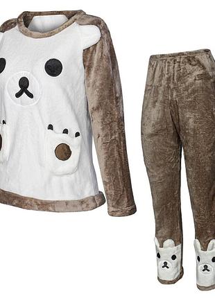 Жіноча тепла піжама lesko bear white 2xl зимова фліс костюм для дому