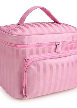 Косметичка дорожня travel bag stripe ⬩ б’юті-кейс жіночий з дзеркалом ⬩ рожева в смужку