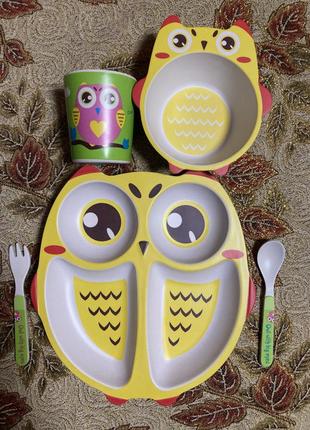 Новий набір бамбукового посуду дитячий сова тарілка ложка виделка