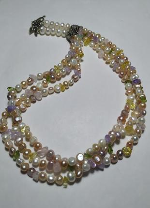 Ожерелье из речных культивированных жемчужин и крошки камней4 фото