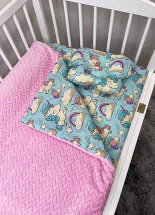 Комплект постельного белья для новорожденных манюня единороги в кроватку ( коляску) плед + подушка + простынь2 фото