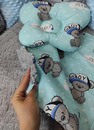Комплект постільної білизни для новонароджених манюня ведмедики в ліжечко ( коляску) плед + подушка + простирадло