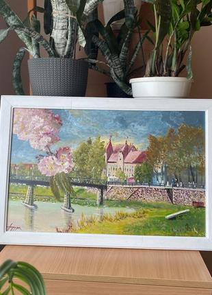 Картина масло холст художник андрусяк в.  д. городской пейзаж «сакуры перед грозой» город ужгород цветы украина подарок