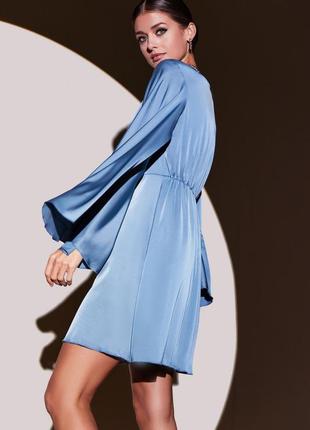 Короткое платье с широким рукавом, темно-бирюзовое3 фото