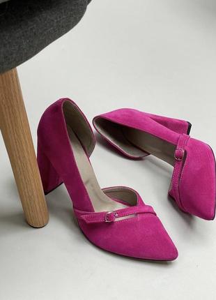 Дизайнерські туфлі човники з ремінцем замш шкіра 35-41 малинові2 фото