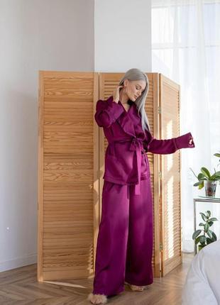 Женская шелковая пижама на запах кимоно комплет для дома и сна "эстель" марсаловый1 фото