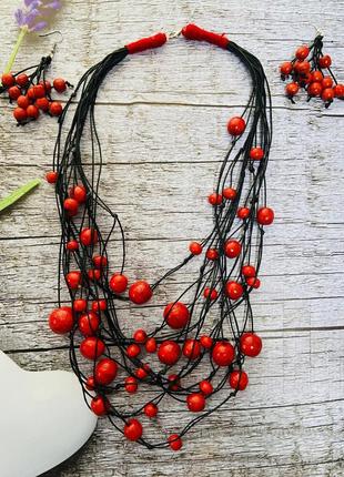 Набір прикрас з дерева, намисто, сережки, ручна робота червоно-чорне
