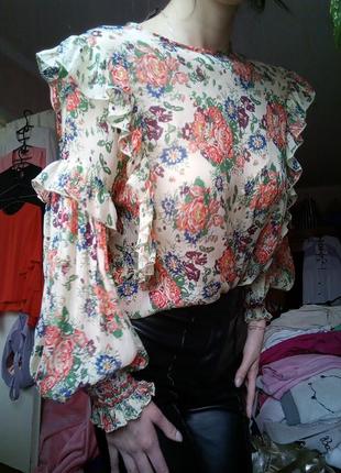 Воздушная блузка с рюшами, свободная блуза в цветочный принт, кофтинка