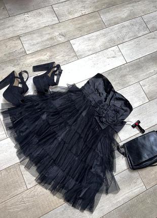 Чорна міні сукня ,бюст‘є,багатошарова сукня,фатін,штучна квітка(013)
