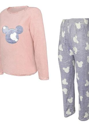 Жіноча піжама lesko mickey mouse pink + gray l тепла флісова домашній костюм