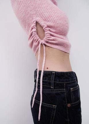 Красивый розовый вязанный свитер со сборками сбоку zara лонгслив джемпер кофта топ зара4 фото