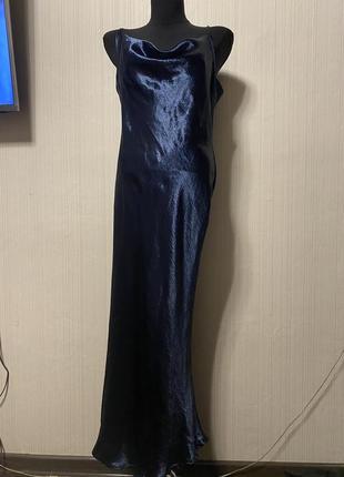Синее сатиновое атласное миди макси платье с голой спинкой2 фото