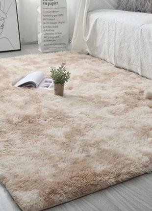 Хутряний ворсистий бежевий килимок травка меланж 200х150 см з довгим ворсом, знизу прорезинені вставки