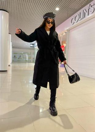 Стильное классическое классное красивое с поясом хорошенько удобное модное трендовое женское для женщин пальто осень весна черное4 фото