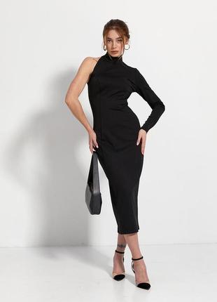 Классическое черное женское длинное платье на одно плече маленьких размеров 42, 44