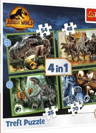 Пазлы картонные 3-4 года "угрожающие динозавры" мир динозавров 4в1 тм "trefl" польша (34607)1 фото
