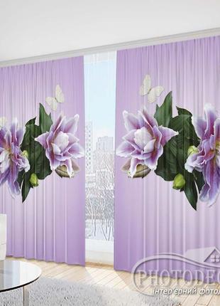 Фото штори "лілії та метелики на фіолетовому фоні" - будь-який розмір. читаємо опис!