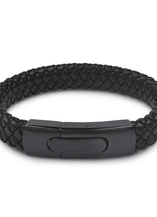 Мужской кожаный плетеный браслет black с вставкой из ювелирной стали 21 см