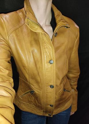 Натуральная кожаная куртка коричневаго горчичнаго цвета street one, размер m/461 фото
