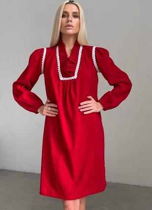 Платье женское вельветовое красное с кружевом 3365-022 фото