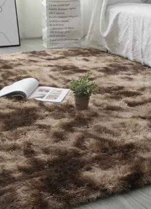 Хутряний ворсистий коричневий килимок травка меланж 200х150 см з довгим ворсом, знизу прорезинені вставки