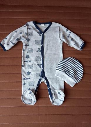 Трикотажный человечек шапочка новорожденным 50 см слип на мальчика в роддома 0-1-2-3 мес хлопок