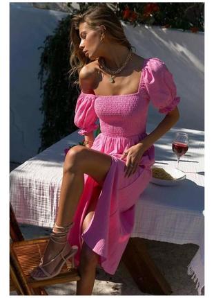 Нежное женское платье миди с разрезом, розовое женское платье с коротким рукавом4 фото