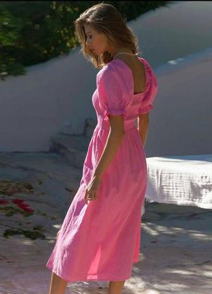 Нежное женское платье миди с разрезом, розовое женское платье с коротким рукавом2 фото