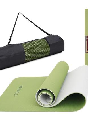 Килимок спортивний cornix tpe 183 x 61 x 0.6 см для йоги та фітнесу xr-0008 green/grey poland