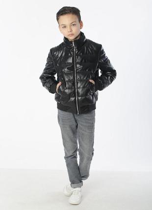 Куртка-бомбер на экокоже для мальчика детская демисезонная tiaren черный (152 см) на весна-осень2 фото