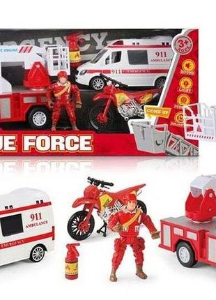 9939 b набор техники rescue force, подсветка, звук, пожарная, скорая, мотоцикл, игровая фигурка, в коробке