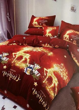 Комплект постельного белья новогодний фланель евро размер 200*230 см с 4 наволочками олени  красный цвет