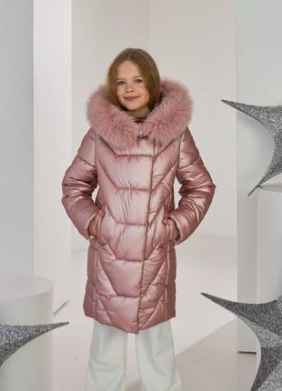 Зимняя детская куртка-пальто с натуральным мехом для взрослой девочки 122-158